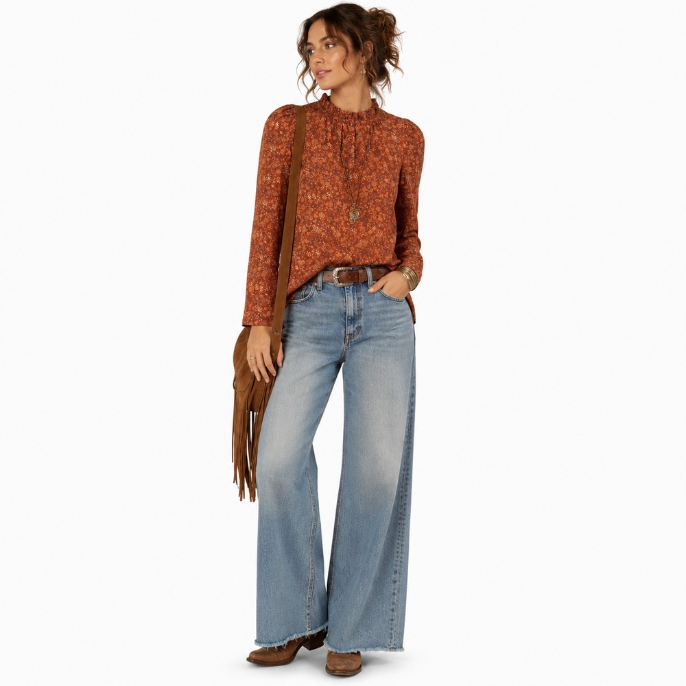 House of Harlow 1960 Womens M Rust Floral Cotton Ruffle Neck Blouse NWT Boho